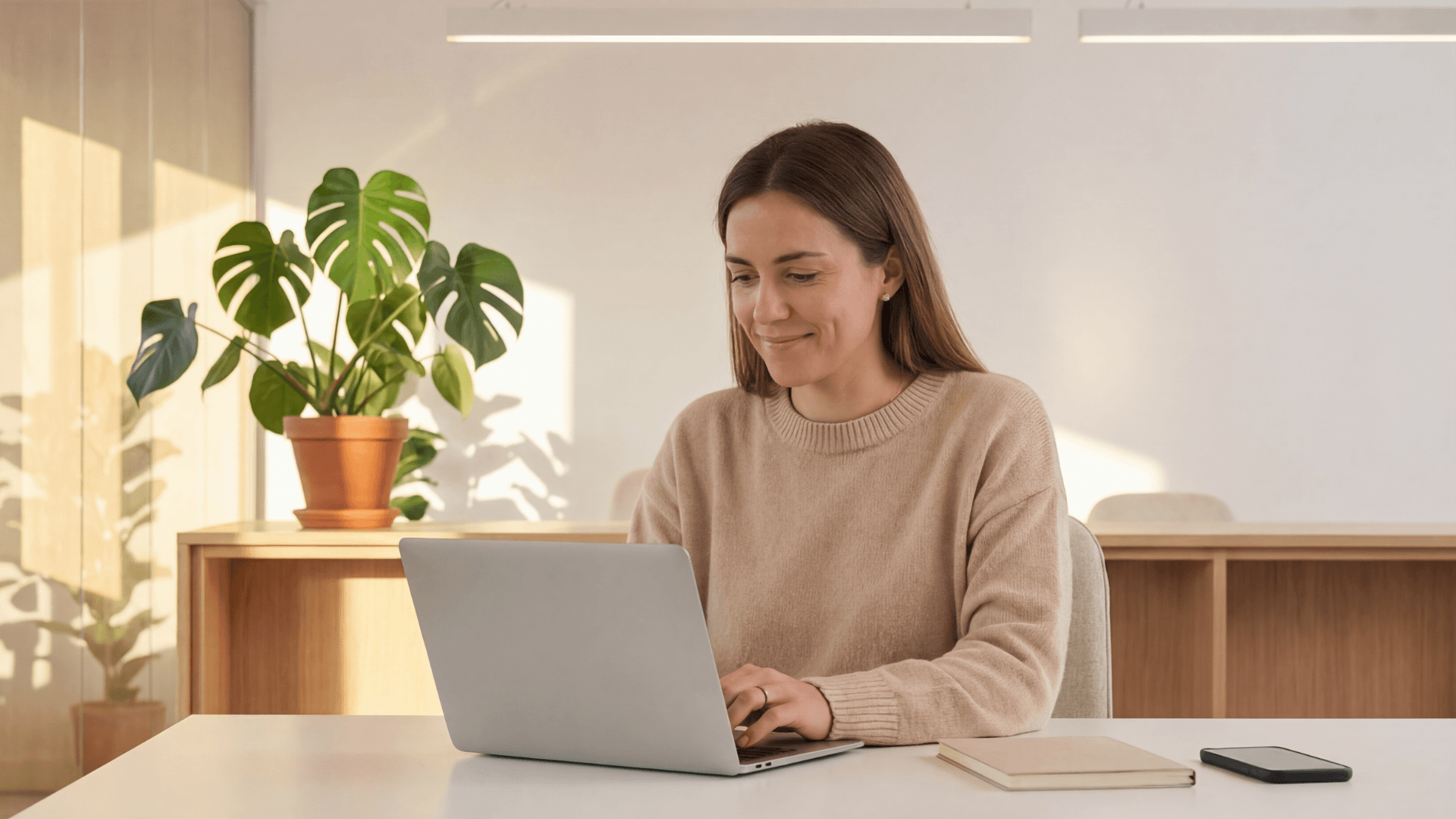 Professional woman working at a desk in a private office